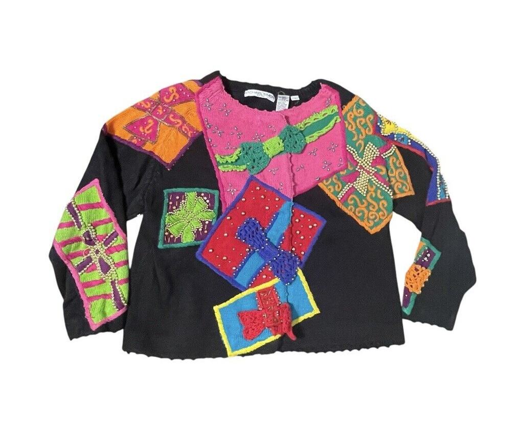 VTG Michael Simon Sweater Womens Large/1 Multi Holiday Colorful Art Cardigan 90s